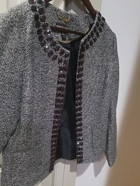 Dana Buchman Gray Tweed Open-Front Jacket with Dark Embellished Trim